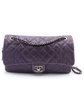 Chanel Maxi Quilted Caviar Leather Silver Chain Shoulder Bag Tote Purple